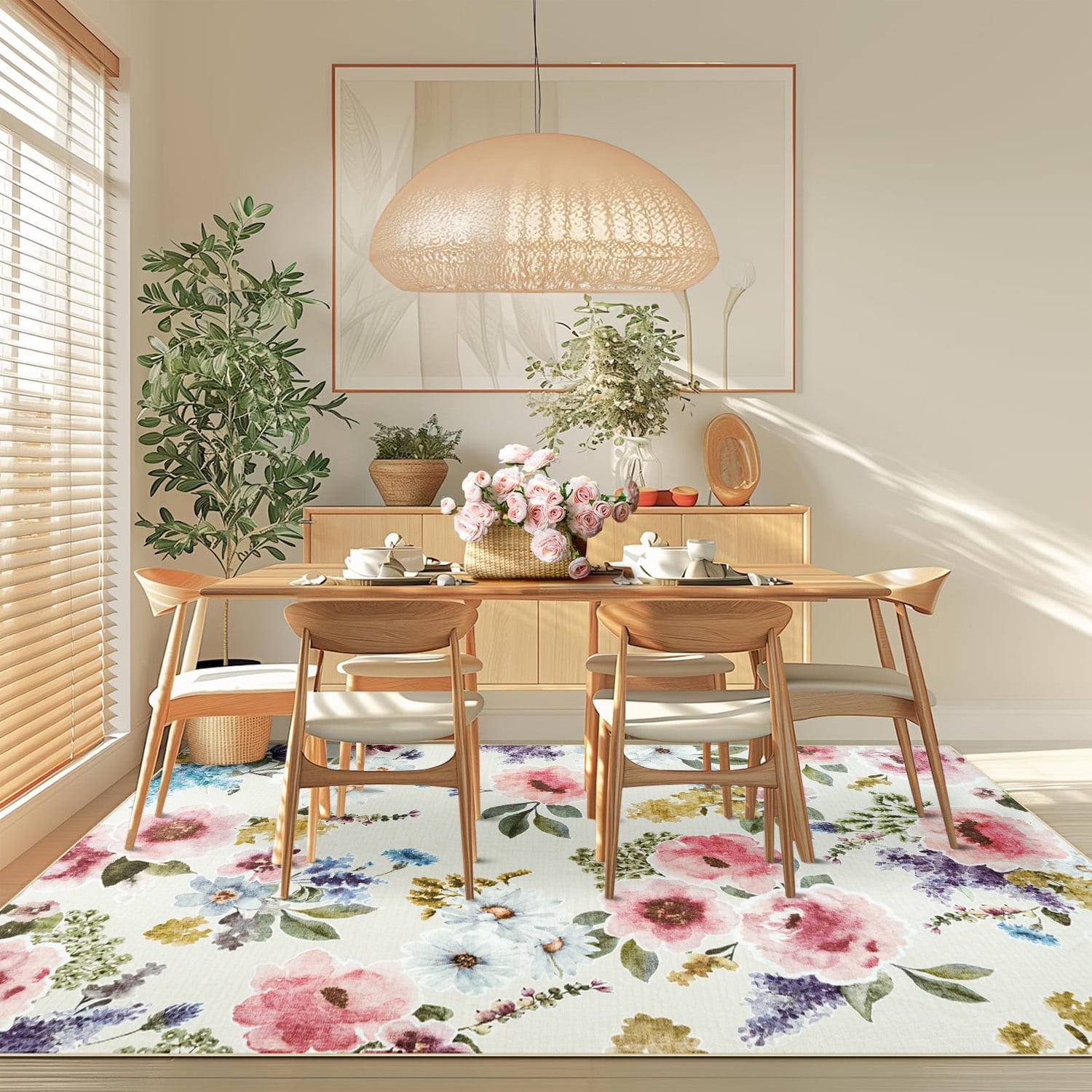 Wondo 6x9 Washable Floral Rug, Bright Floral Pattern Bohemian Rug for Bedroom, Low Pile Non-Slip Decorative Rug for Living Room, Kids Room, Office, Dining Room, Beige