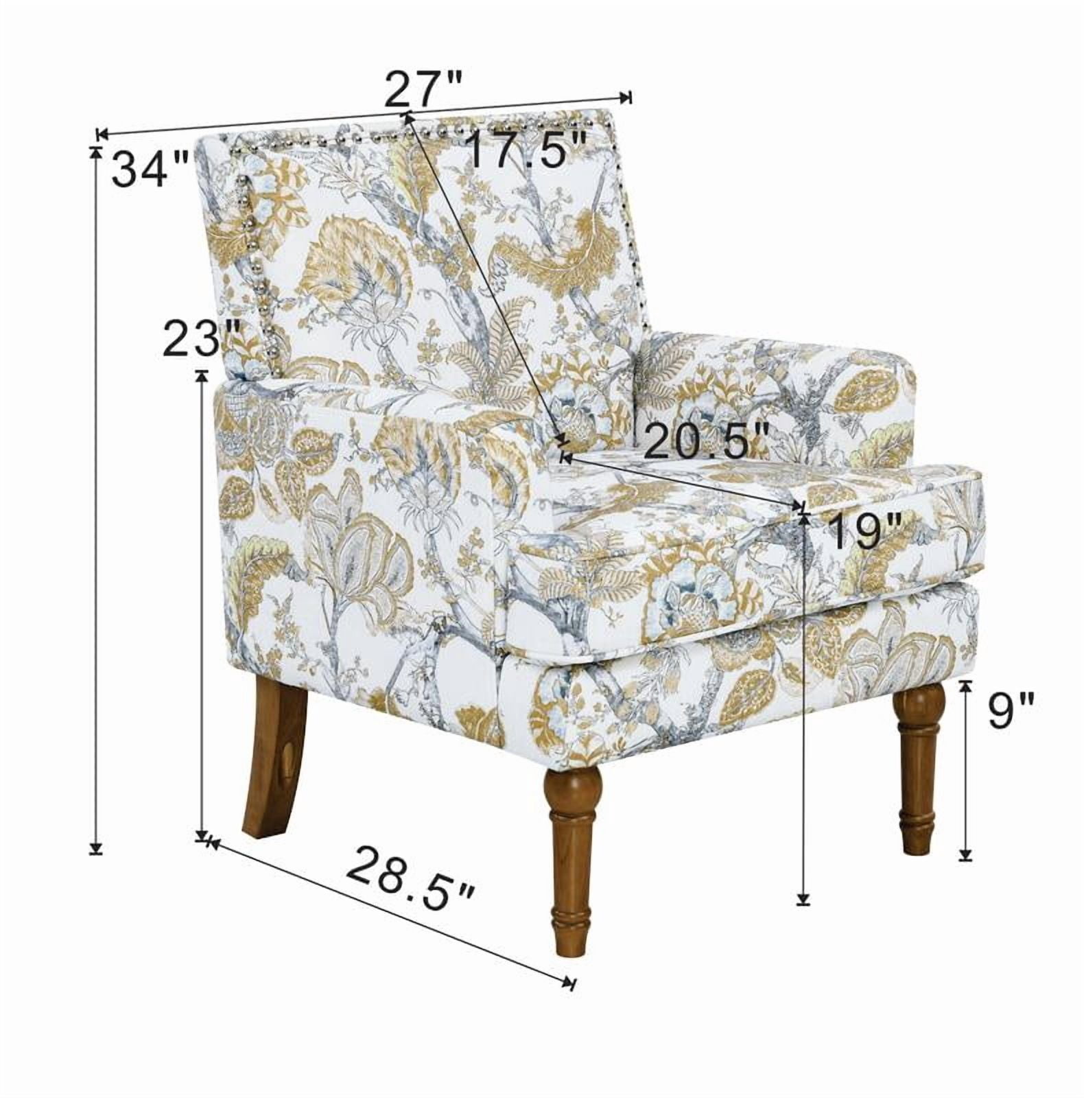 Floral Accent Chair with Nailhead Trim, Gold and Grey Upholstered Armchair with Solid Wood Legs, Farmhouse Slipper Chair for Living Room, Earthy Yellow