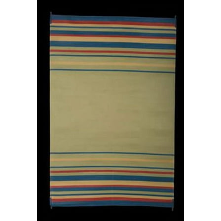 Faulkner 68847 Reversible RV Outdoor Mat - Blue, Brick, Beige & Green Striped Design - 8' x 20'