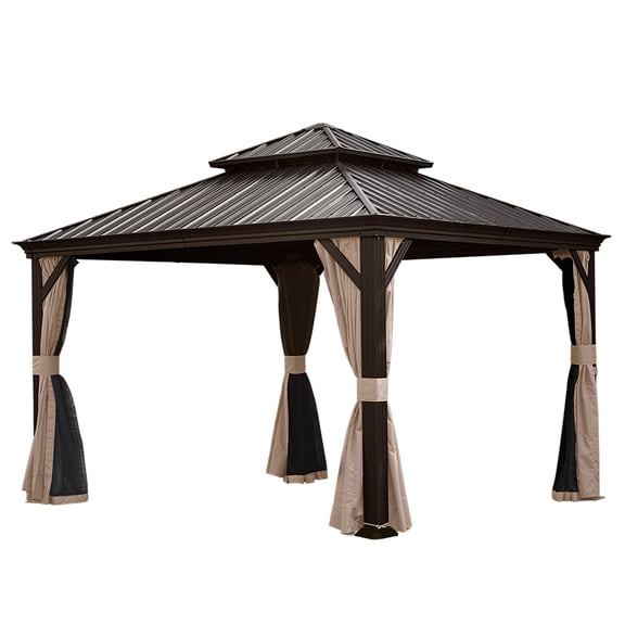 12' X 12' Hardtop Gazebo, Upgraded Metal Gazebo with Drainage System, Dual-Layer Galvanized Steel Roof, Curtain and Netting, Outdoor Shelter Canopy for Patio, Garden, and Backyard, Brown