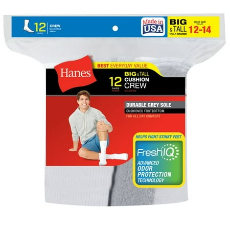 Hanes Mens Big & Tall Cushion FreshIQ Crew Socks 12-Pack