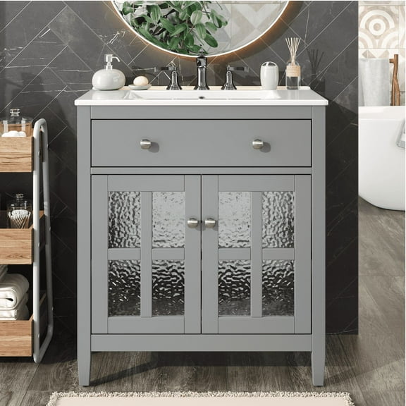 SDJPOI 30" Bathroom Vanity with Ceramic Sink - Features Adjustable Shelf & Tip-Out Tray Storage, Solid Wood Legs, Silver Knobs & Soft-Close Doors (Faucet Not Included)