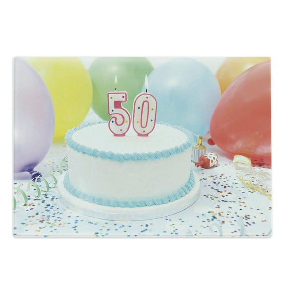 50th Birthday Cutting Board, White Tasty Cake on the Table with Colorful Balloons Party, Decorative Tempered Glass Cutting and Serving Board, Large Size, Multicolor, by Ambesonne