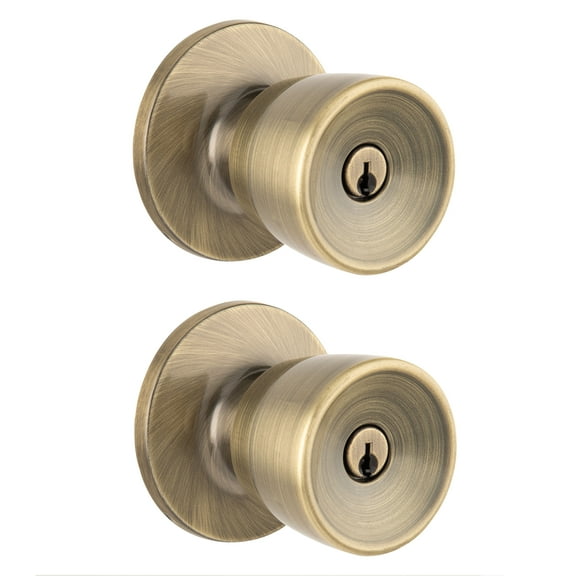 Brinks Keyed Entry Classic Bell Style Doorknob Twin pack, Antique Brass Finish