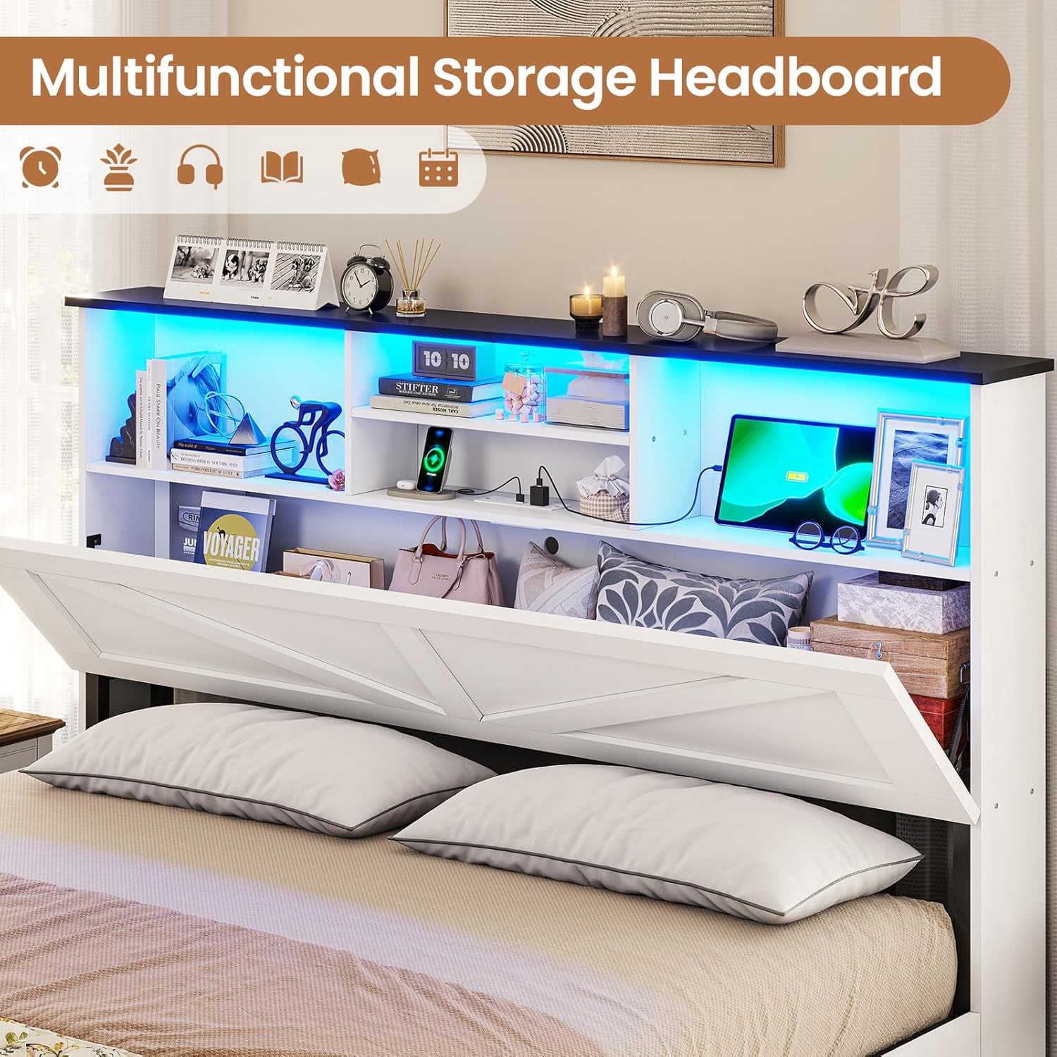 Queen Size Farmhouse Bed Frame with Bookcase & Storage Drawers LED Wooden Platform Storage Bed, No Box Spring Needed, White