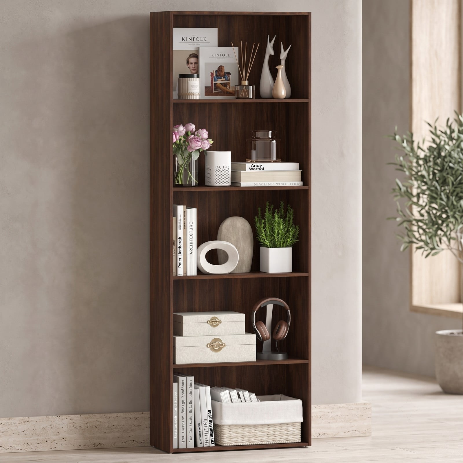 Furnibear 5-Shelf Bookcase, 67 Inch Tall Wood Storage Bookshelf, Modern Multi-Functional Display Cabinet with Anti-Tipping Kit for Home Office, Living Room, Bedroom