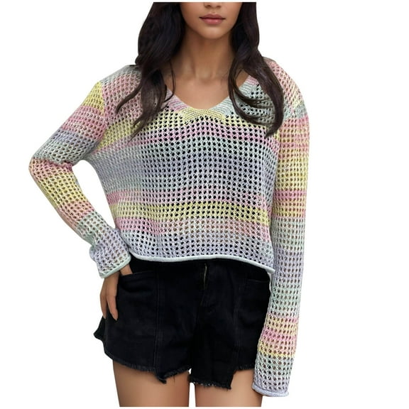 Nmnitkp Sweaters for Women Soft and Comfortable Rainbow Gradient Women Casual Long Sleeve Fall Sweaters Hole Hollow Out Crew Neck Solid Color Soft Ribbed Knitted Oversized Pullover Loose Fit Jumper