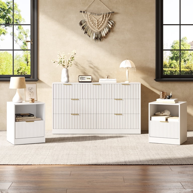white modern dresser and nightstand set Nina 3-Piece Modern White 2-Drawer Set of 2-Nightstands and Dresser with Gold Trim