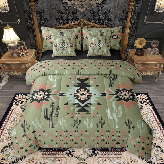 Homewish Bohemian Hippie Aztec Twin Bedding Sets 7-Piece for Adult, Rustic Farmhouse Cactus Bedding Comforter Set, Green Southwestern Style Reversible Sheet Sets, Lightweight Room Decor