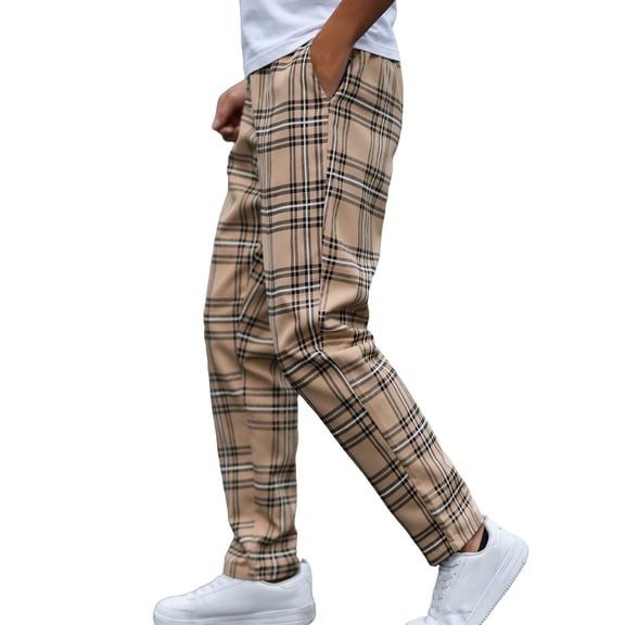 Plaid Tapered Trousers for Men Slim Fit Elastic Waist Golf Pants Classic Checkered Chino Slacks Lightweight Stretch Work Business Casual Bottoms