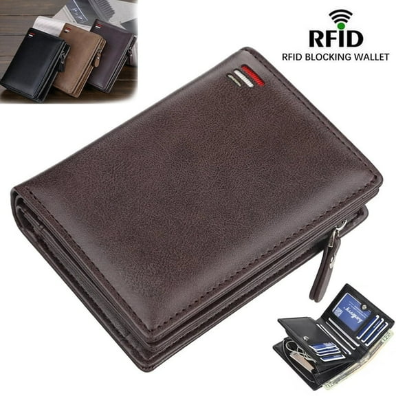Men's Leather RFID Blocking Wallet with Zipper - Credit Card Holder & ID Purse. (Brown)