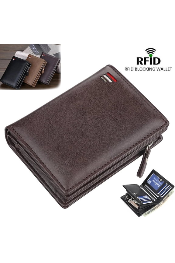 Men's Leather RFID Blocking Wallet with Zipper - Credit Card Holder & ID Purse. (Brown)