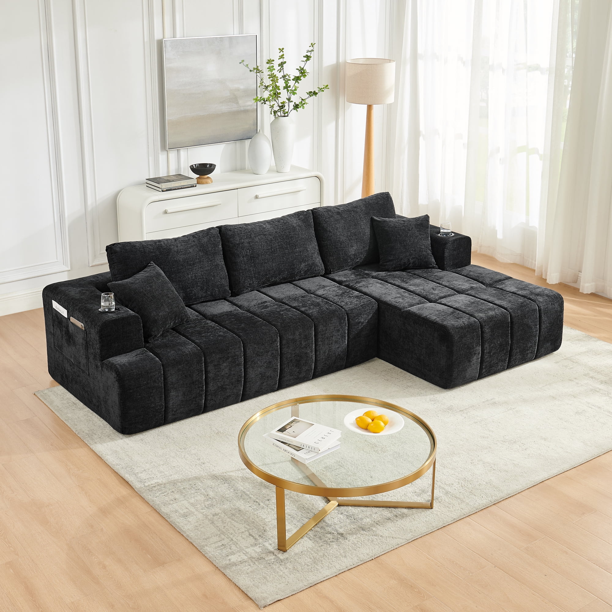 Leumius 108" L-Shaped Sectional Sofa,Chenille Boneless Couch, Modern 3-Seat Upholstered Cloud Couch Sectional with Deep Seat and Cup Holders for Living Room,No Assembly Required,Black