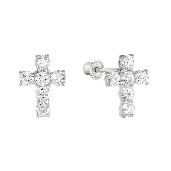 Tilo Jewelry 14K White Gold Small Cross CZ Stud Post Earrings with Secure Screw-Backs | Everyday Dainty Small Earrings for Women & Unisex