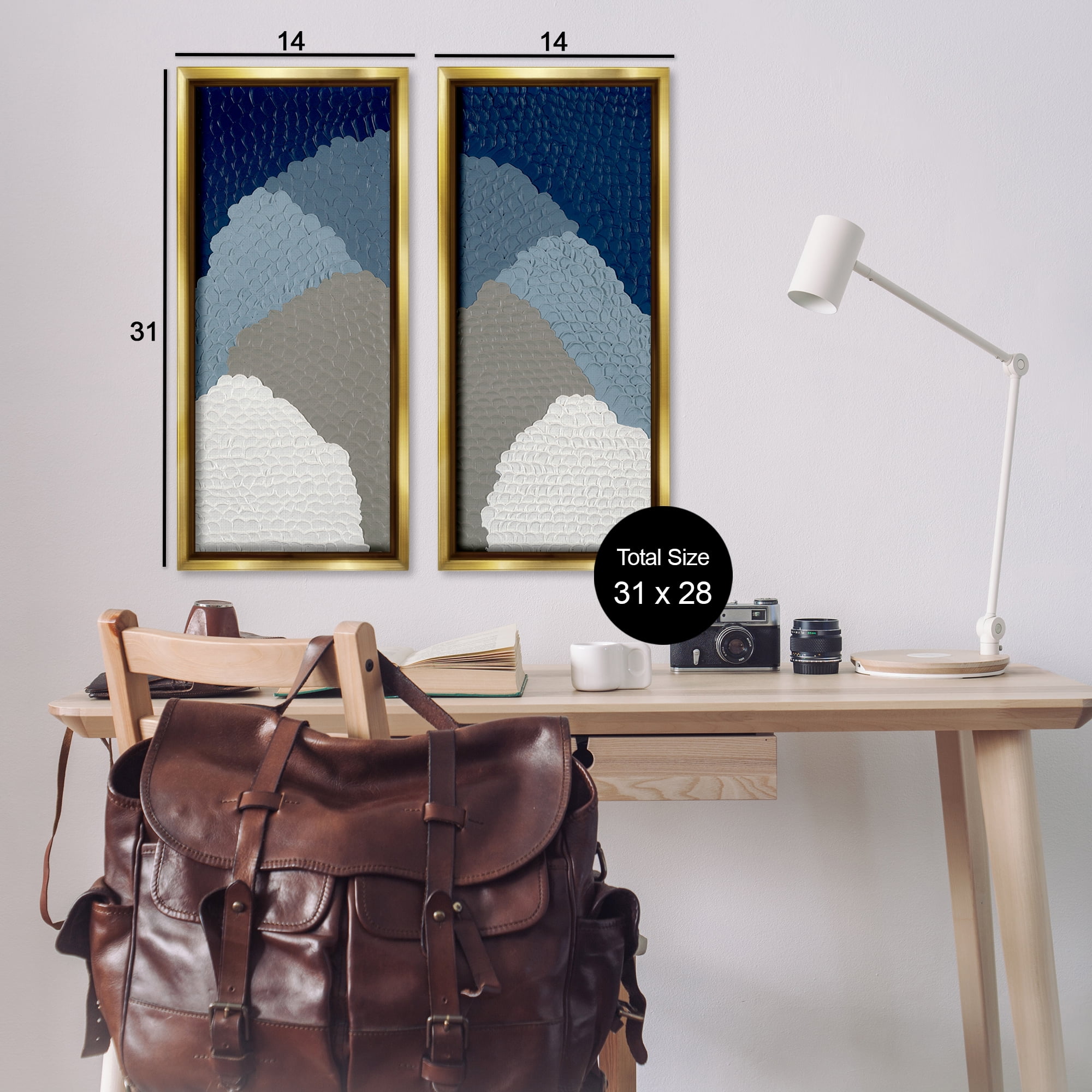 Stupell Industries Textured Blue Abstract Mountains Abstract Painting Gold Floater Framed Canvas Art Print Wall Art, 14 x 31, Set of 2
