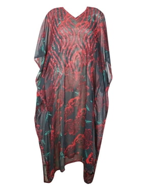 Mogul Women Kaftan Maxi Dress, Beach DRESS, Georgette Embroidered Bohemian Dresses, Black Red Rose Printed Sheer Caftan Dresses Plus Size L-4X