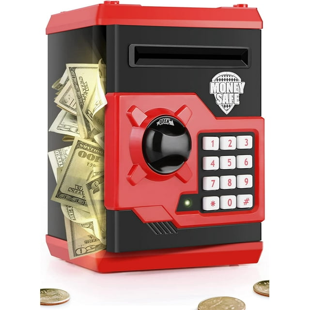 Mini alcancía electrónica ATM para niños, juguete para bebés, caja fuerte, caja de ahorro de dinero, cerradura con contraseña para niños, niños y niñas, el mejor regalo (rojo)