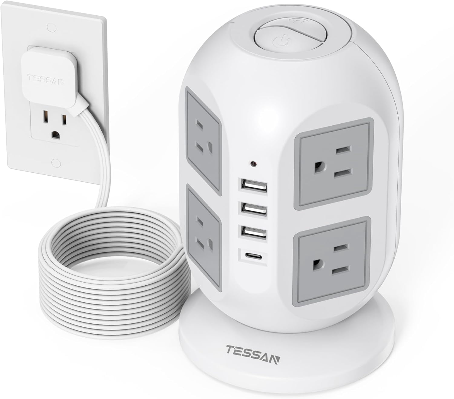 Tower Surge Protector Power Strip 10 ft, Long Flat Extension Cord with Multiple Outlets, 8 AC Outlets with 4 USB Ports (1 USB C), Charging Station with Surge Protection, for Home Office Dorm