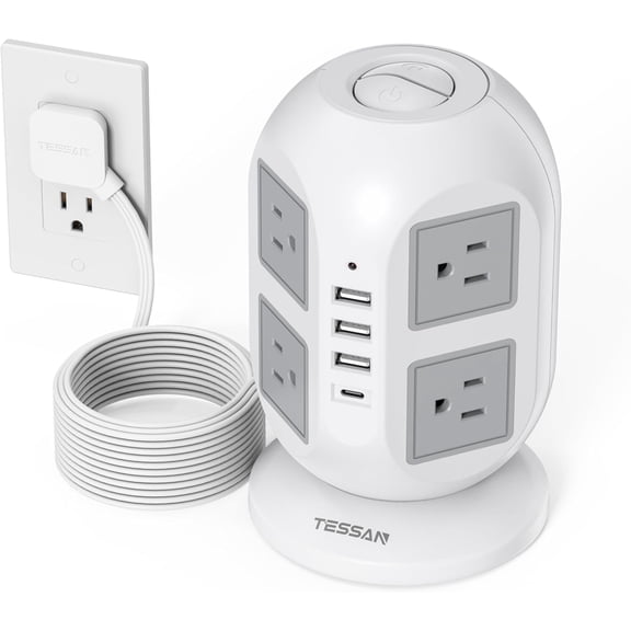 TESSAN Tower Power Strip Surge Protector, 8 AC Outlets, USB Charging Ports, Gray