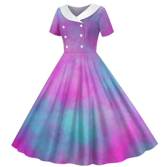 Zpanxa Robes d'Été pour Filles Imprimé Dégradé Manches Courtes Col Rabattu Taille Bouton Robe de Danse Polyester Spandex Bleu 12 Ans