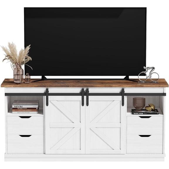 TV Stand with 4 Drawers for 65 Inch TV, Farmhouse Entertainment Center with Storage and Sliding Barn Doors, Rustic Media TV Console Cabinet with Shelves for Living Room Bedroom (Bright White)