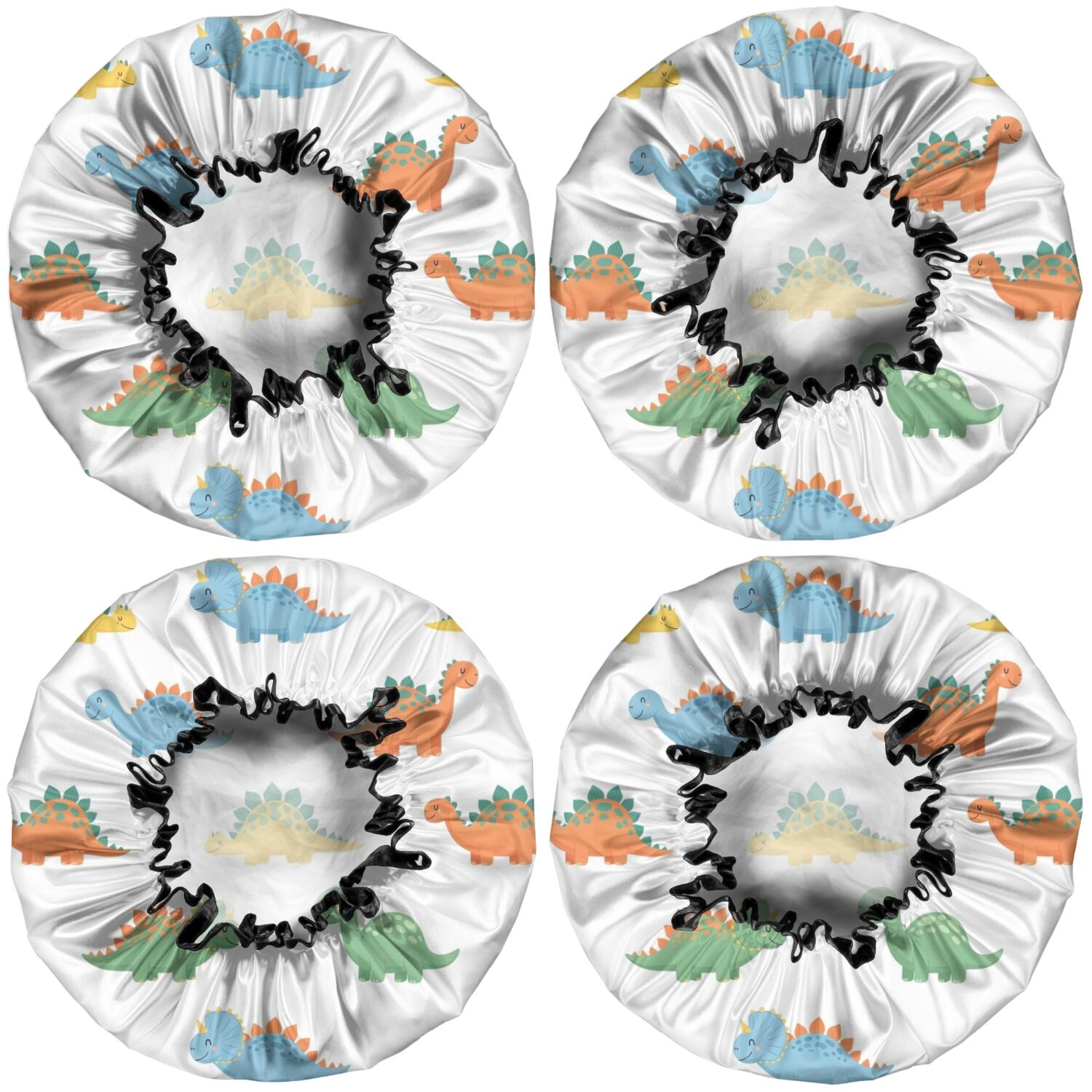 Shower Caps,White Cartoon Dinosaurs Pattern Waterproof Shower Cap for Women 4 Pieces,Double Reusable Hair Cover for Shower PEVA Elastic Stretch Hem
