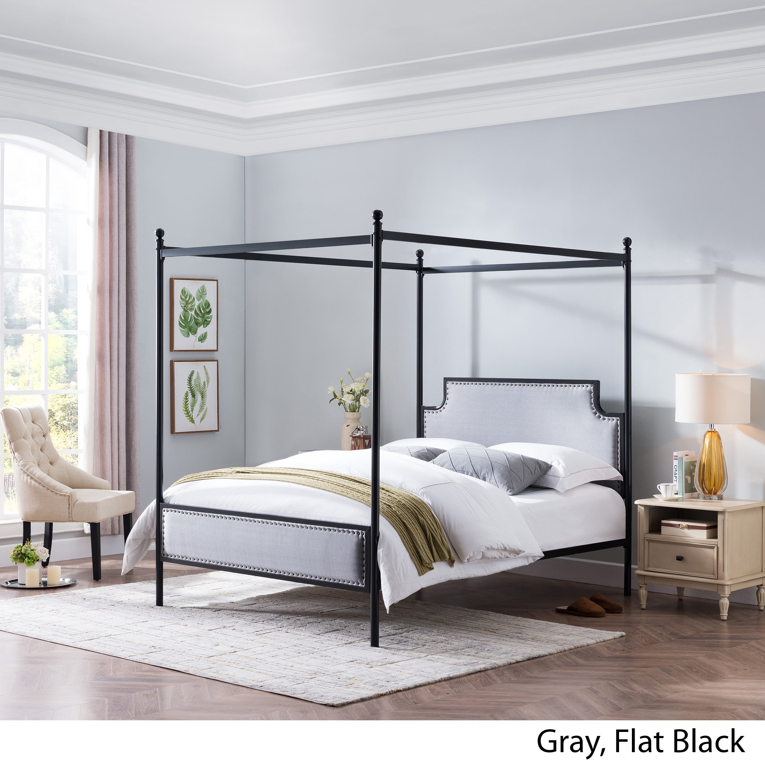 Asa Queen Size Iron Canopy Bed Frame With Upholstered Studded Headboard Gray And Flat Black Walmart Com Walmart Com