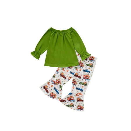 

Little Girls Outfit Spring Autumn Solid Color Off Shoulder Long Sleeve Tops with Car Printing Bell-bottomed Pants