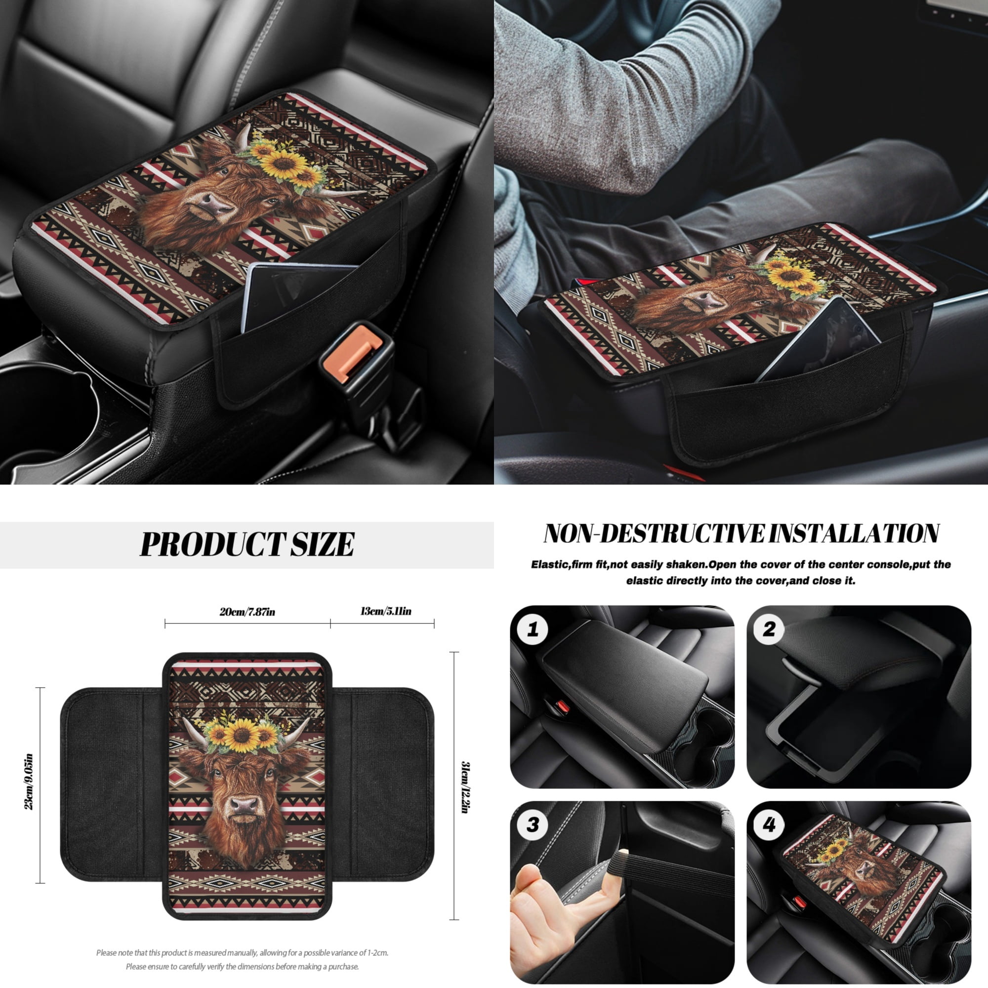 Jeiento Highland Cow Auto Accessories Set 14 Pcs Car Seat Cover Protector Steering Wheel Cover Seat Belt Covers Armrest Cushion Aztec Trash Can Rearview Mirror Protector Handbrake Cover Set Coasters