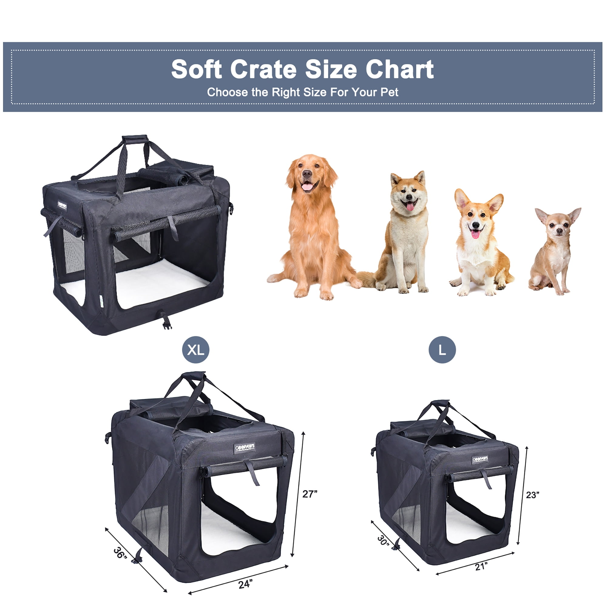 JESPET: 30" Soft Pet Crate - Black - Dogs & Cats Up to 50 lbs, 3 Door Folding Kennel, Indoor Outdoor Travel Carrier, Mesh Windows, Fleece Mat, GooPaws