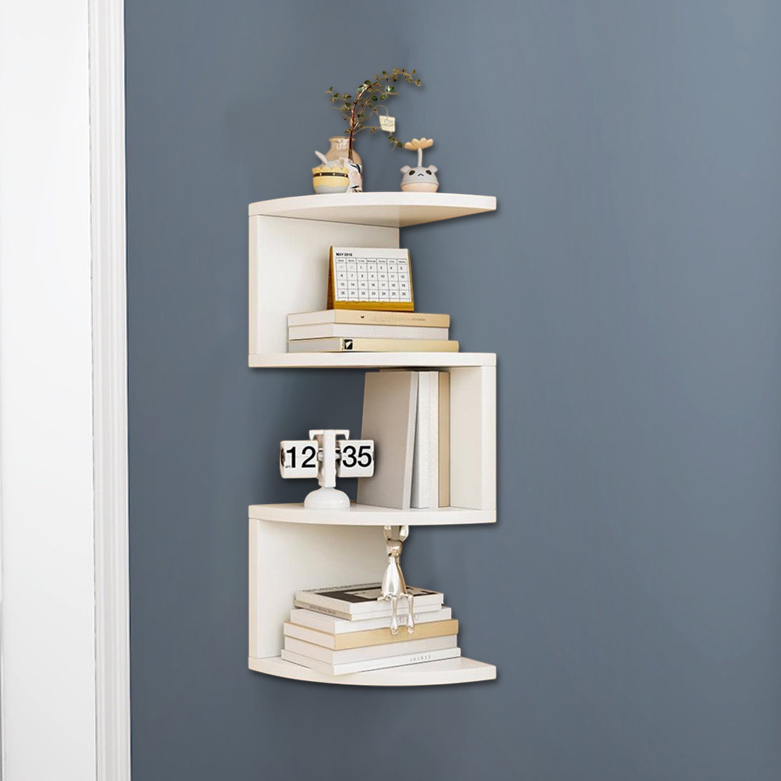 Corner Shelf Wall Mount, 4-Tier Floating Corner Bookshelf with Rounded Edge, Plant Shelf for Bedroom, Living Room, Bathroom, Home Office, White