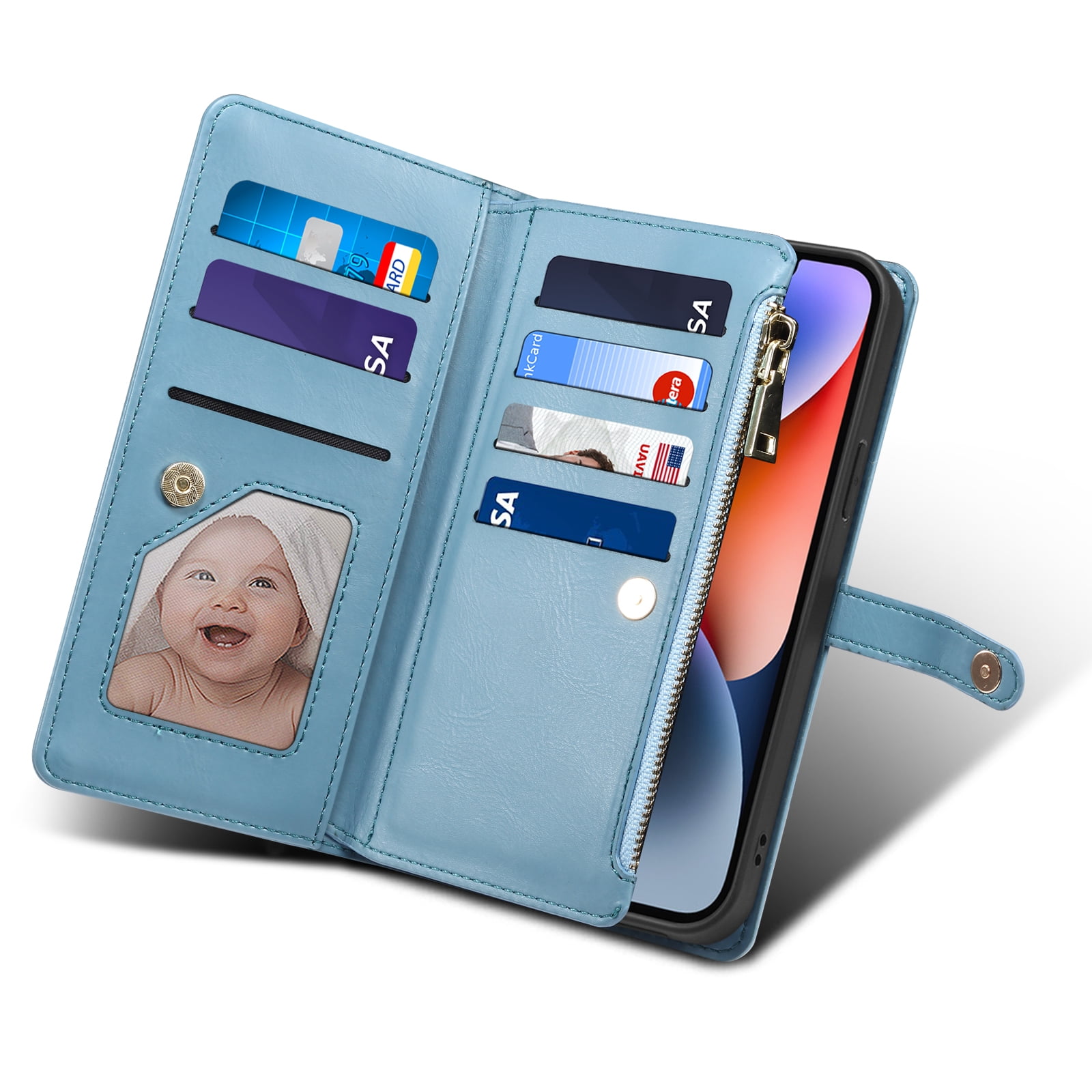 Dteck Wallet Case for iPhone 13 6.1 Inch, Leaf Pattern Luxury PU Leather RFID Blocking Card Slots Holder Zipper Pocket Flip Case with Kickstand Magnetic Crossbody Strap Phone Cover,Blue