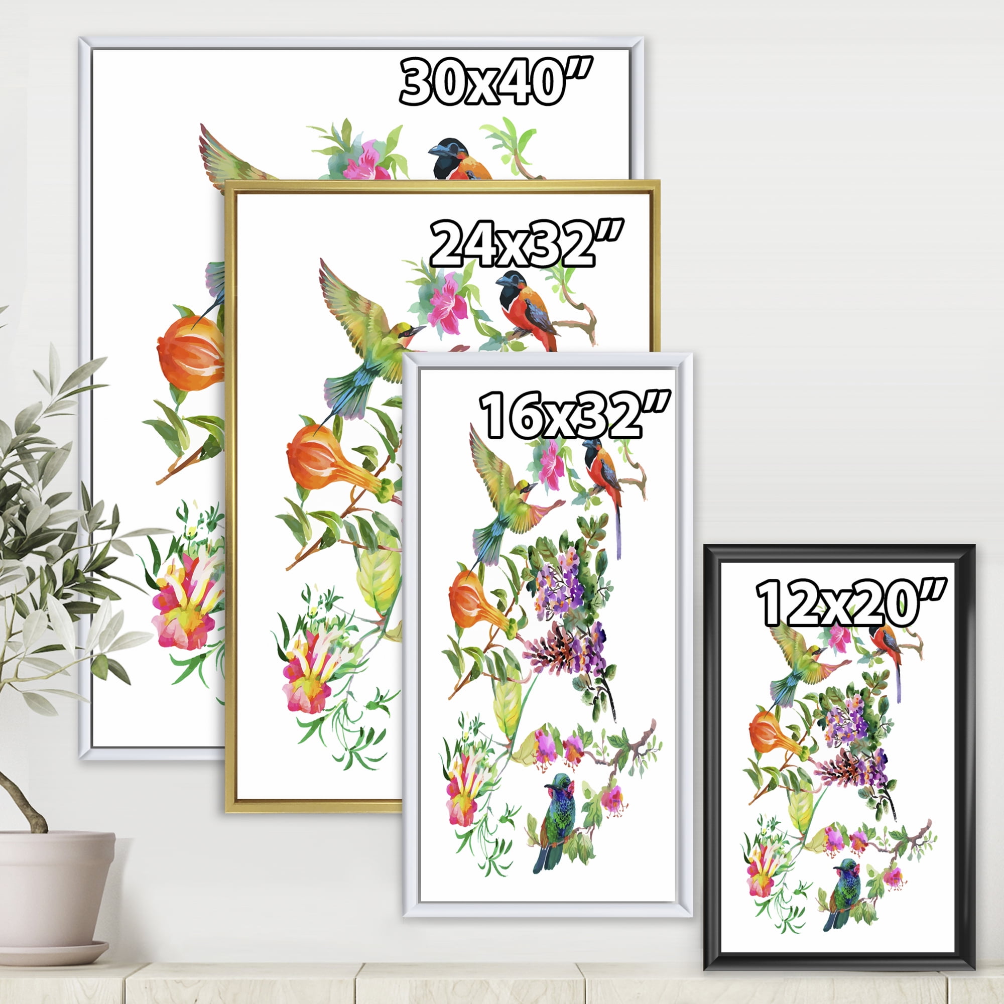 Colourful Birds and Tropical Flowers II 24 in x 32 in Framed Painting Canvas Art Print, by Designart