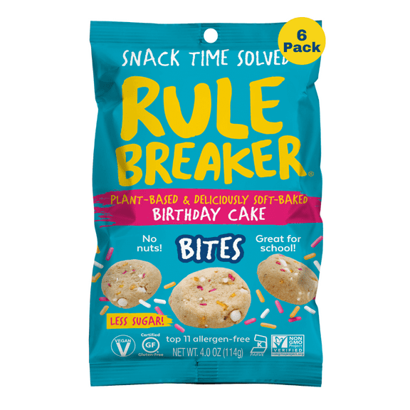 Rule Breaker Snacks Birthday Cake Bites 6-Pack | Vegan, Gluten-Free, Nut-Free, Top 11 Allergen-Free | 6 4-oz Bags