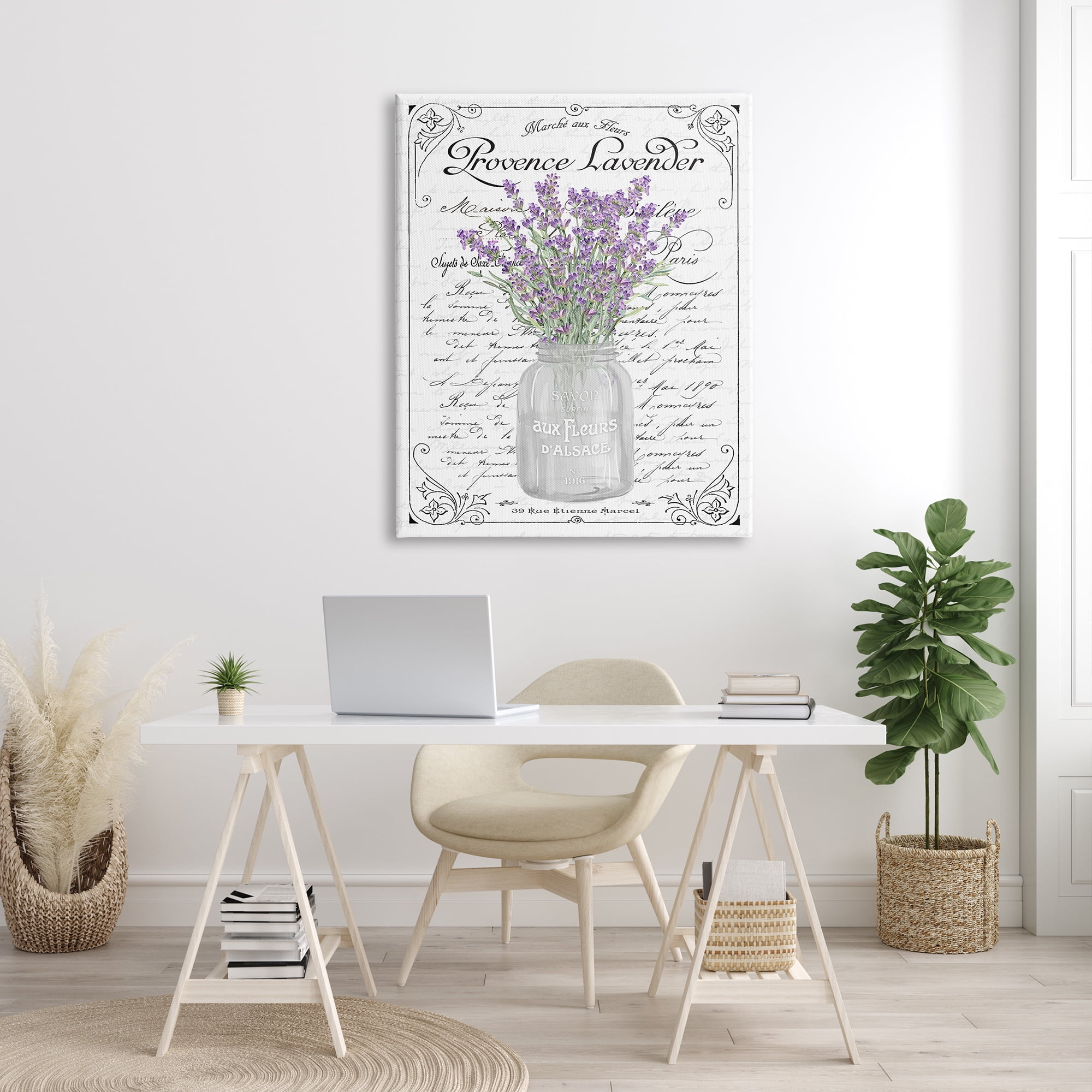 Stupell Industries Lavender Sprigs Bouquet Ornate French Script Motif Graphic Art Gallery Wrapped Canvas Print Wall Art, Design by Lettered and Lined
