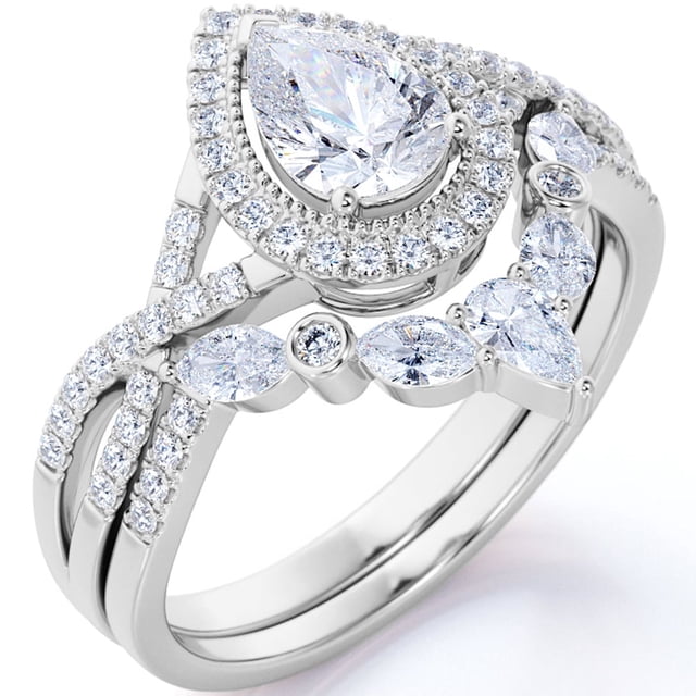JeenMata Anillo de Compromiso Bohemio de Moissanita de Corte Pera de 1,75 Quilates Anillo de Compromiso Infinito con Alianza de Boda Art Déco en Oro Blanco de 10 K