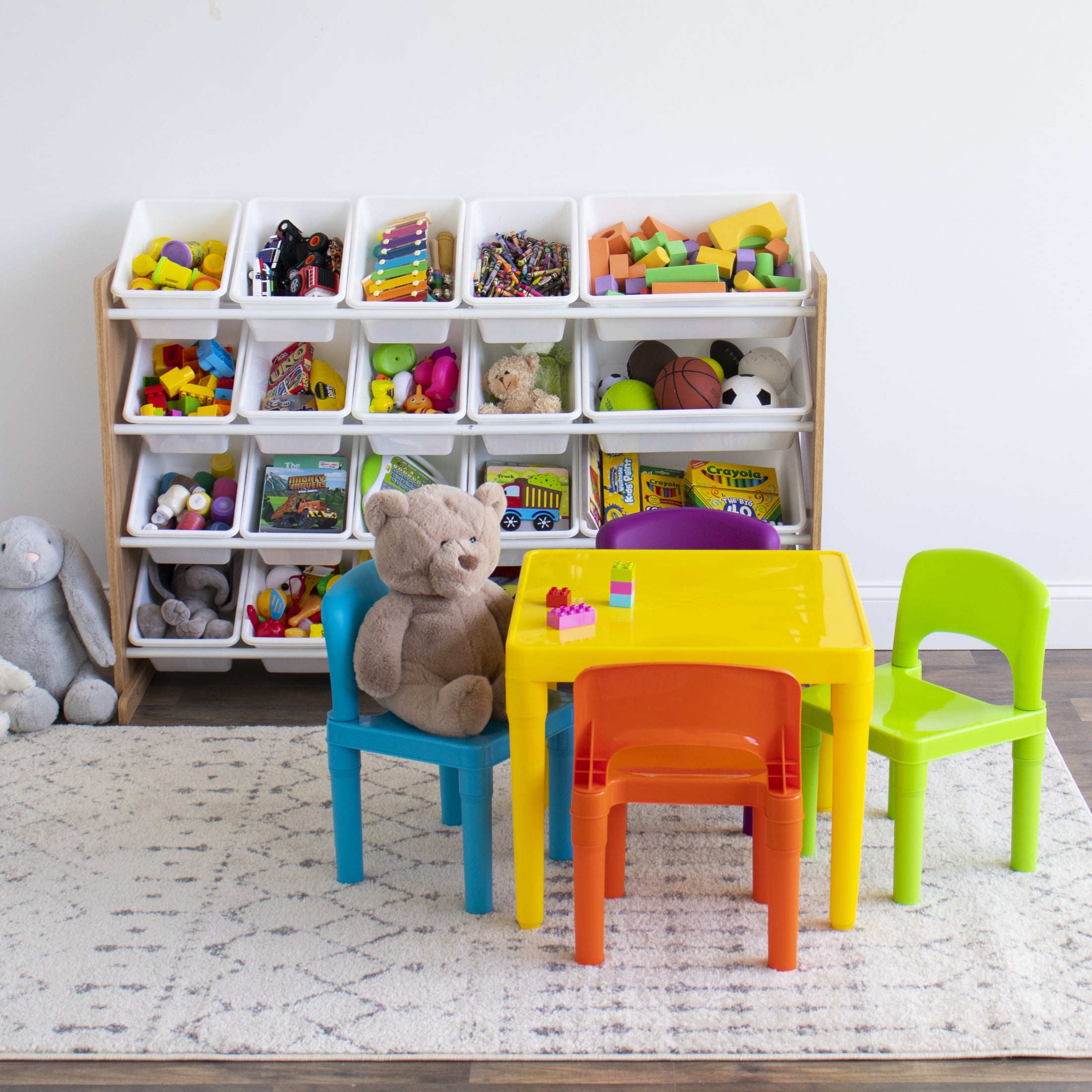 Humble Crew Vibrant Toddler Lightweight Plastic Table and 4 Chairs Set, Square Yellow Table & Orange/Green/Blue/Purple Chairs
