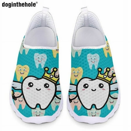 

Women s Summer Casual Flat Shoes Cartoon Teeth Printed Nurse Shoes Classic Slip On Breathable Mesh Sneaker Footwear