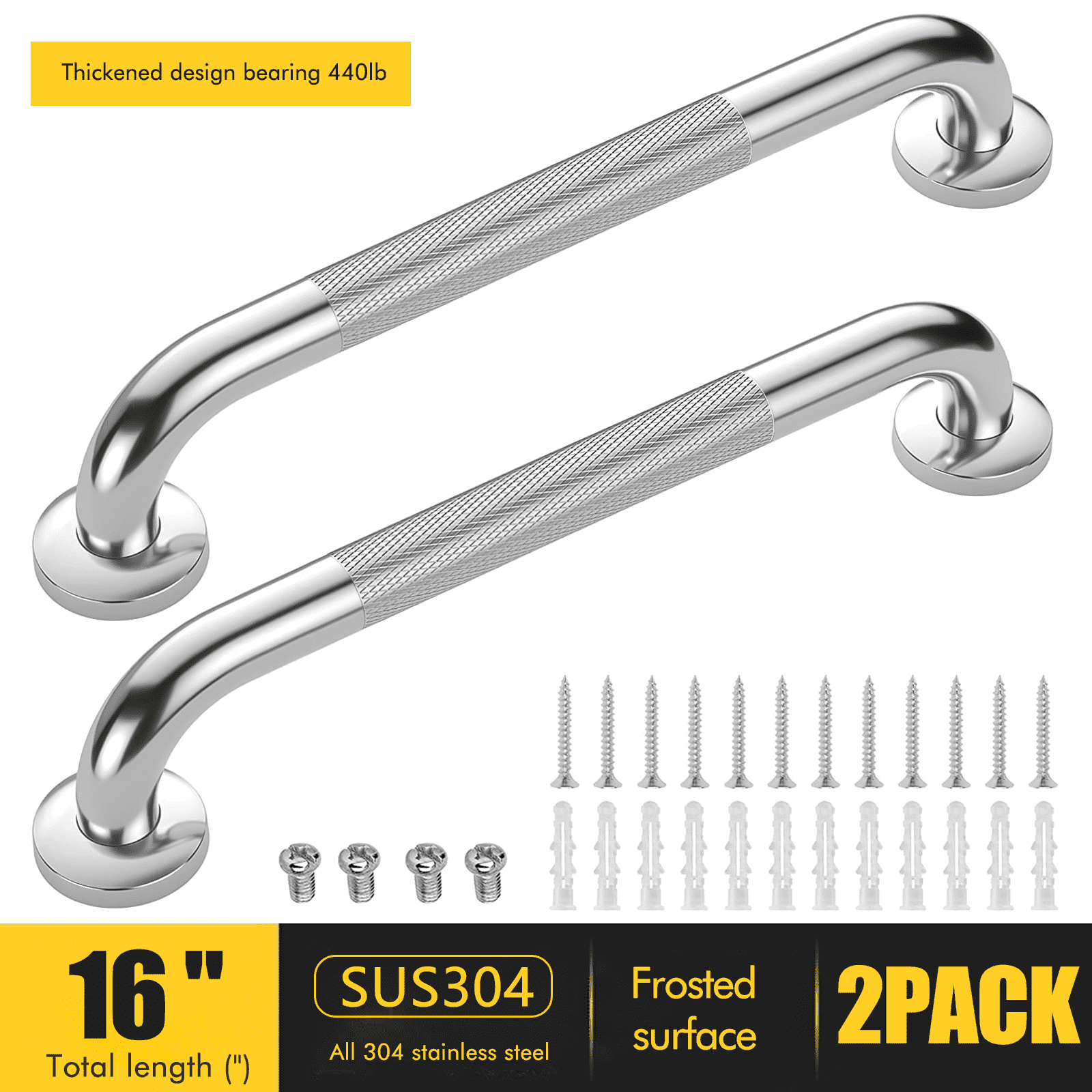 AOLIGO 16" Stainless Steel Grab Bars, 2 Pack, Anti Slip Shower Handles for Elderly and Handicap Bathroom Safety, Bathtub Assist