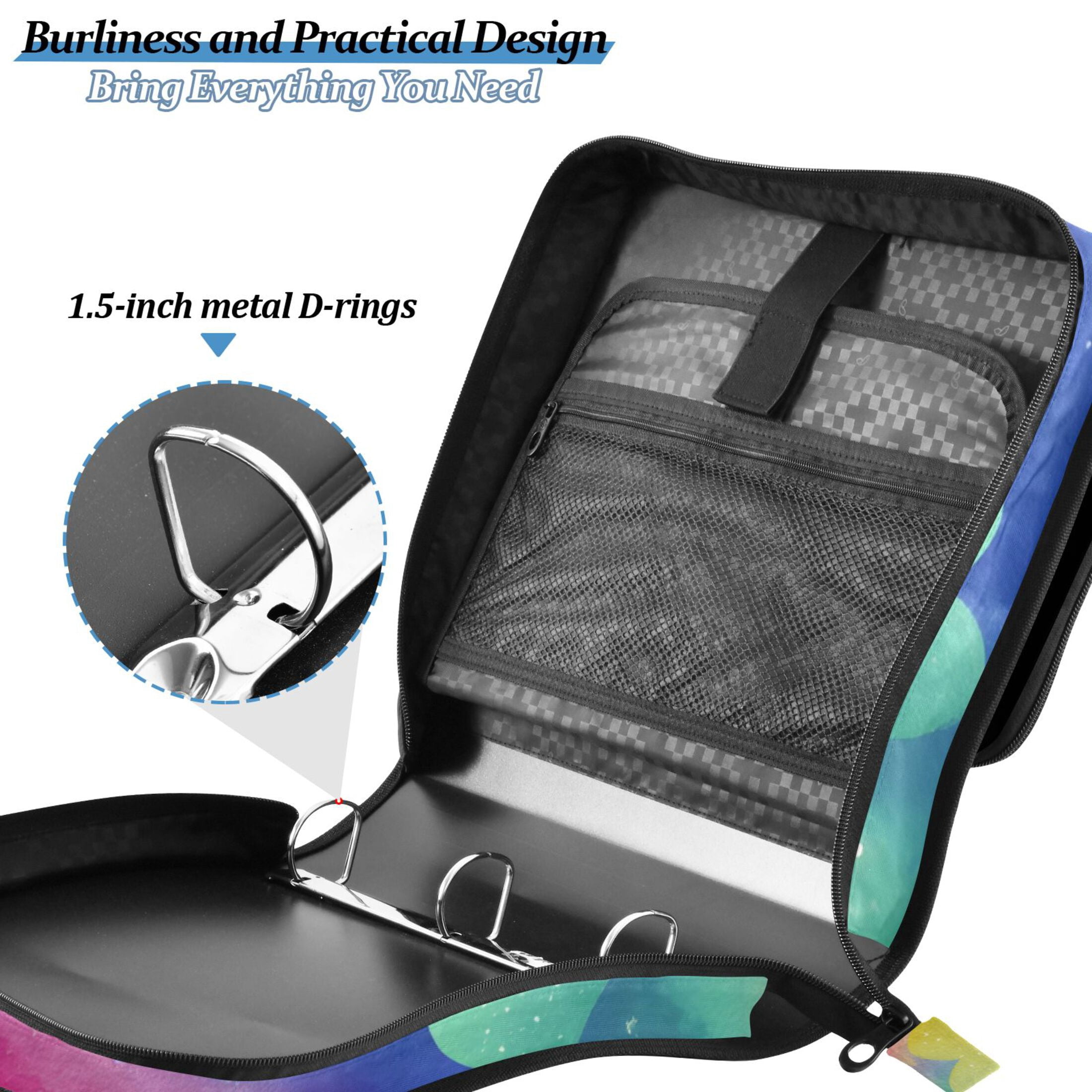 Zipper Binder Colorful Love Stars 1.5 Inch Binder Folder Bag with Shoulder Strap and Handle
