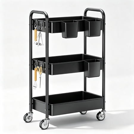 3 Tier Rolling Cart, Heavy Duty Metal Utility Cart with Wheel Black | Sturdy Rolling Storage Cart With Hooks & Hanging Cups, Great For Craft, Art Workspace, Kitchen ,Snack And Office Storage