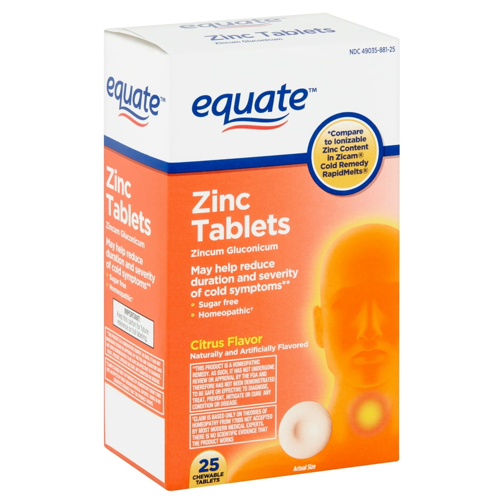 Equate Zinc Chewable Tablets, Citrus Flavor, 25 Count