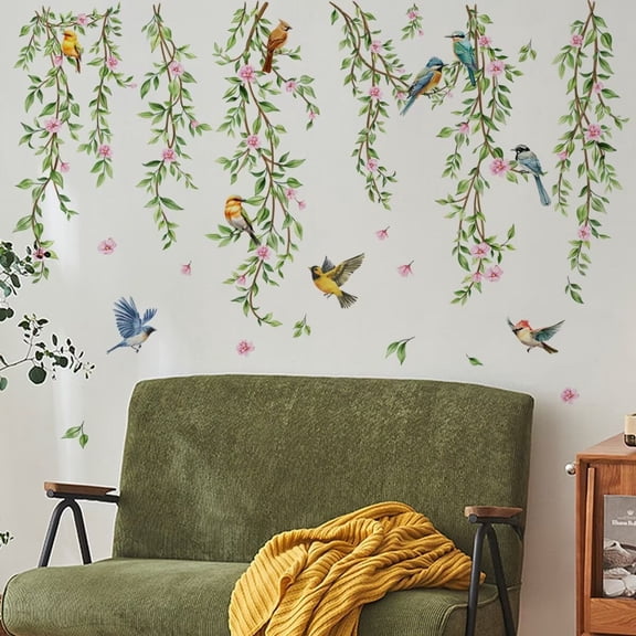 Hanging Vines with Flowers Wall Decals Flower and bird wall stickers Green Plant Leaves Bird Wall Stickers Peel and Stick for Bedroom Living Room Wall Art Decor