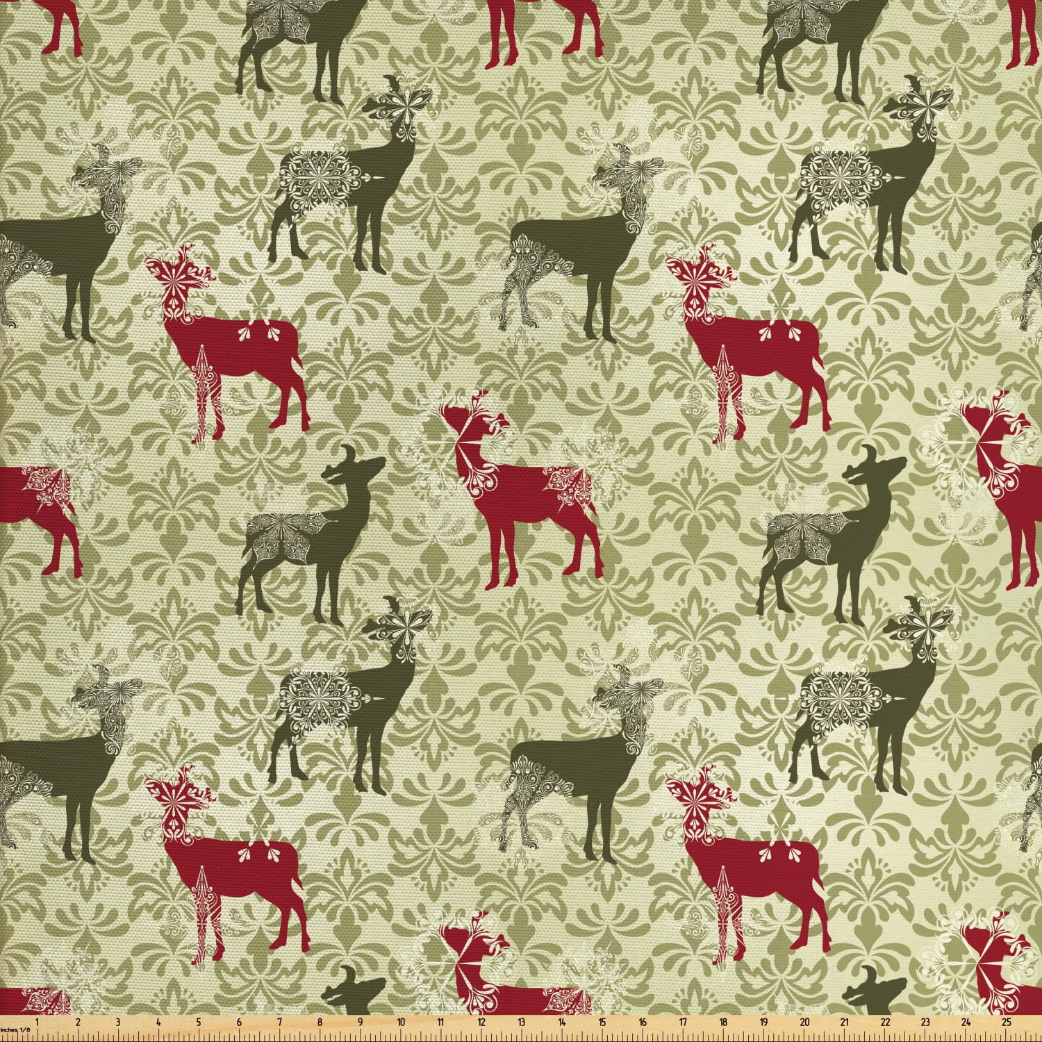 Deer Fabric by The Yard, Damask Pattern and Ornate Christmas Themed