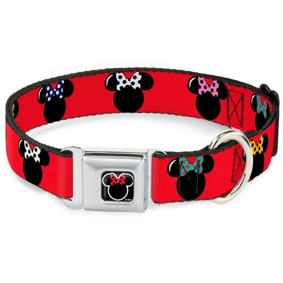 Disney Pet Collar, Dog Collar Metal Seatbelt Buckle, Minnie Mouse Silhouette Red Black Polka Dot, 20 to 31 Inches 1.5 Inch Wide