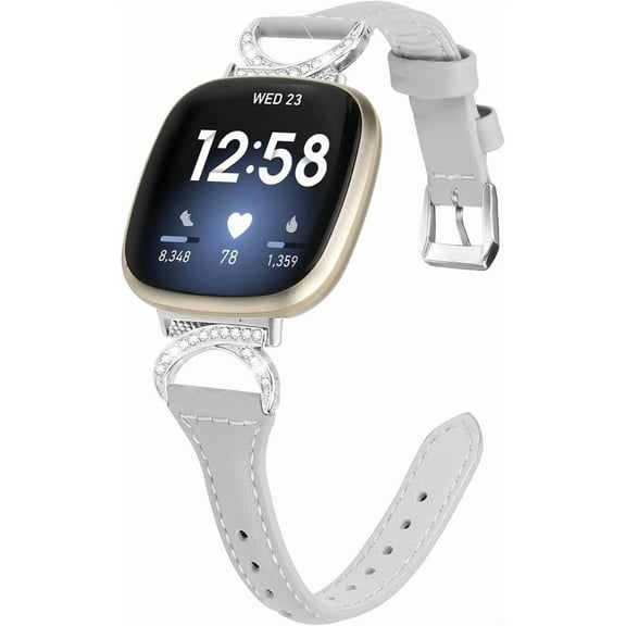 REQO Compatible with Fitbit Sense 2/Fitbit Versa 4 3 Bands for Women Men, Soft Genuine Leather Band Slim Strap Replacement Accessory Wristband Metal rhinestone Adapter