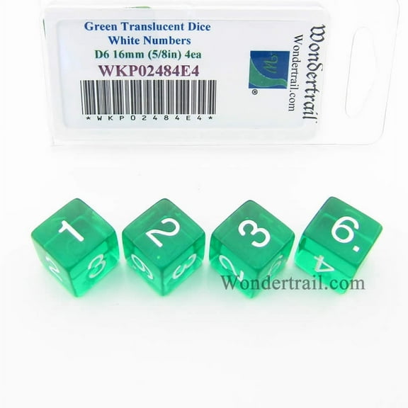 Green Transparent Dice with White Numbers D6 16mm (5/8in) Pack of 4 Wondertrail