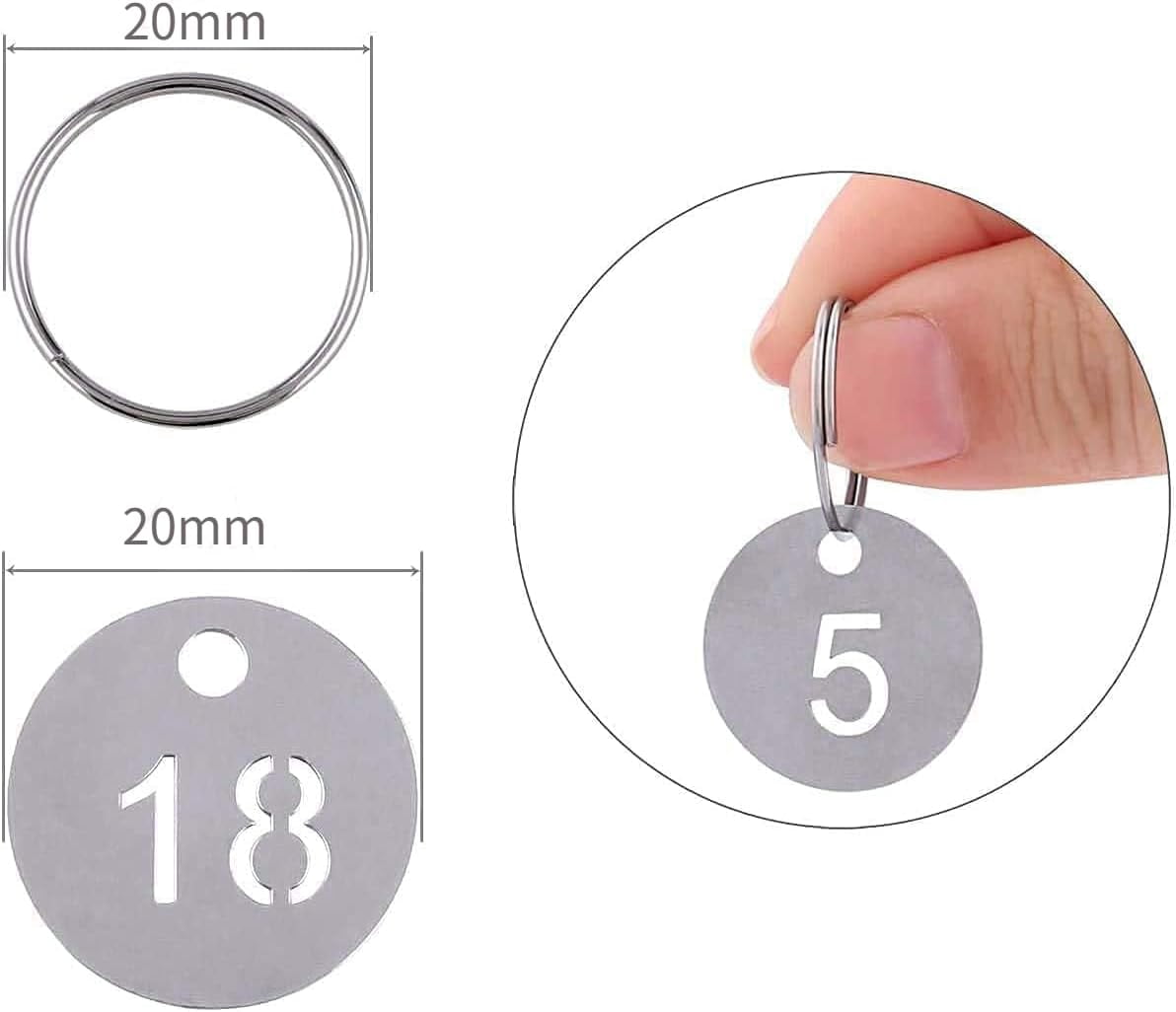 20 PCS Number Key Rings 304 Stainless Metal Numbered Tags,Pet ID Tags,1-20 ID Tags Key Tags with Key Rings for Luggage,Pet Name,Dormitory,House,Hotel Lockers