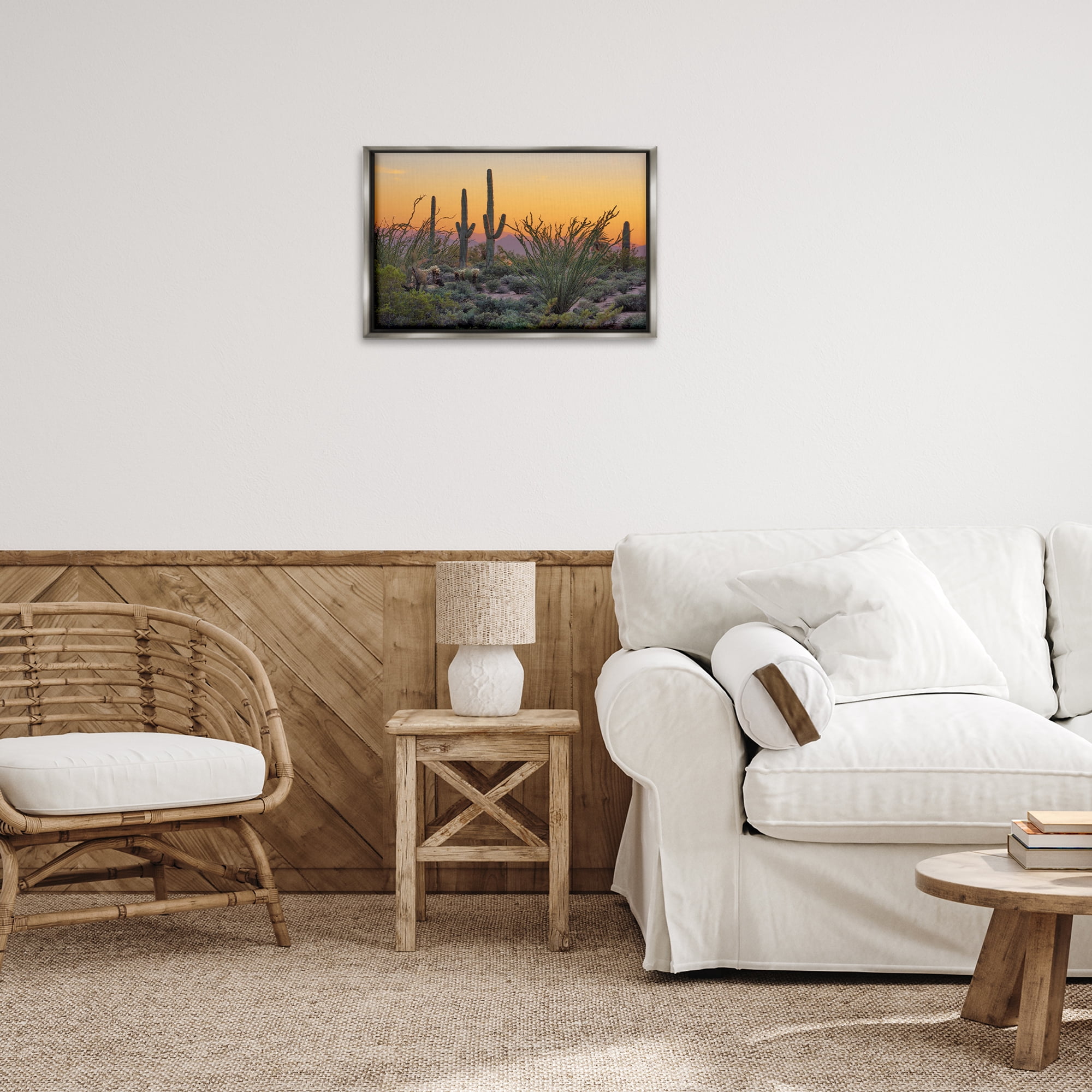 Stupell Industries Sunset Desertscape Cacti Landscape & Nature Photography Gray Floater Framed Canvas Art Print Wall Art, 25 x 17