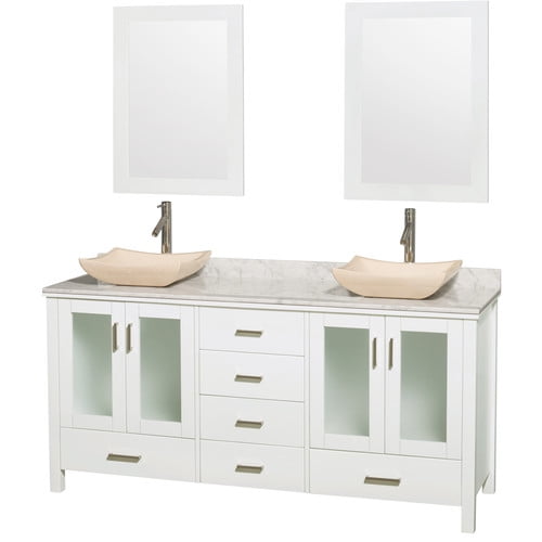 Wyndham Collection Lucy 72 inch Double Bathroom Vanity in White, White Carrera  Marble Countertop, Avalon Ivory Marble Sinks, and 24 inch Mirrors -  